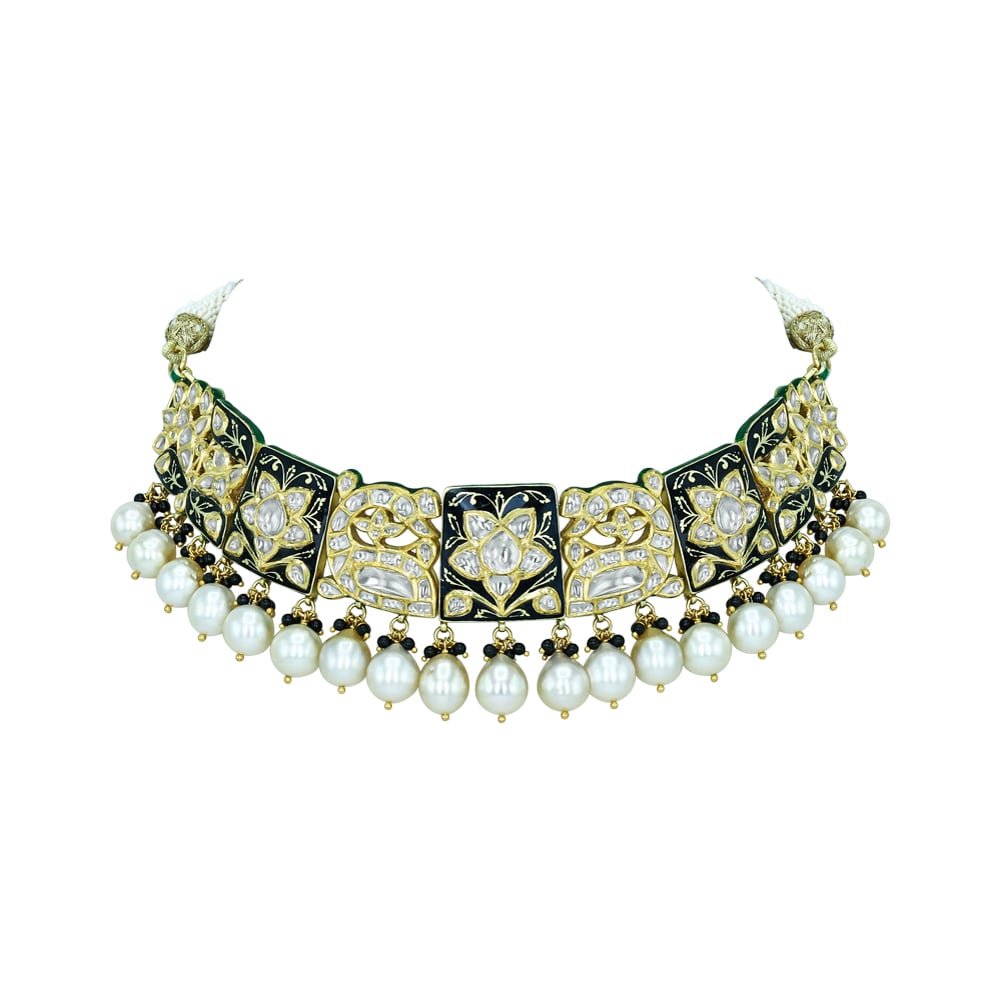 Polki Choker Necklace with Black Enamel and Pearls